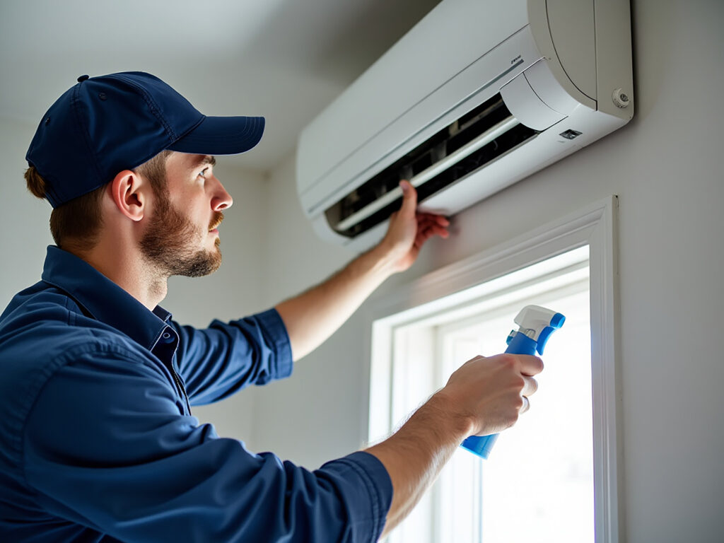 cleaning-air-conditioning-hanging-wall-worker-cleans-air-conditioning-3 Cleaning the air conditioning hanging on the wall the worker cleans the air conditioning