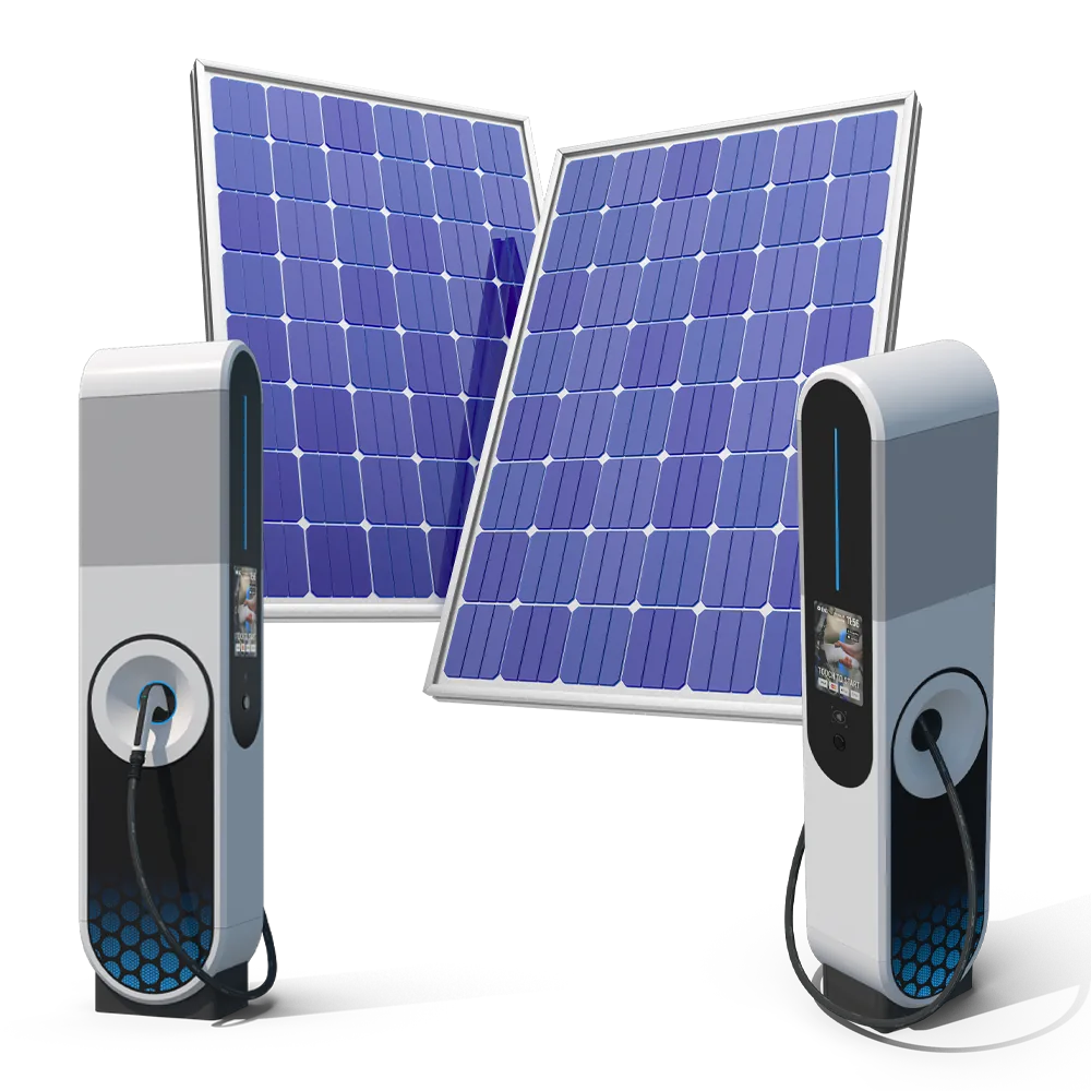 Deux panneaux solaires entourés de deux bornes de recharge Deux panneaux solaires entourés de deux bornes de recharge