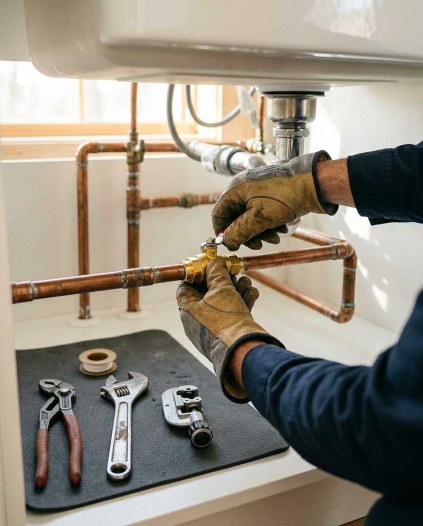 gel des canalisations : plombier qui vérifie les tuyaux avant l'hiver