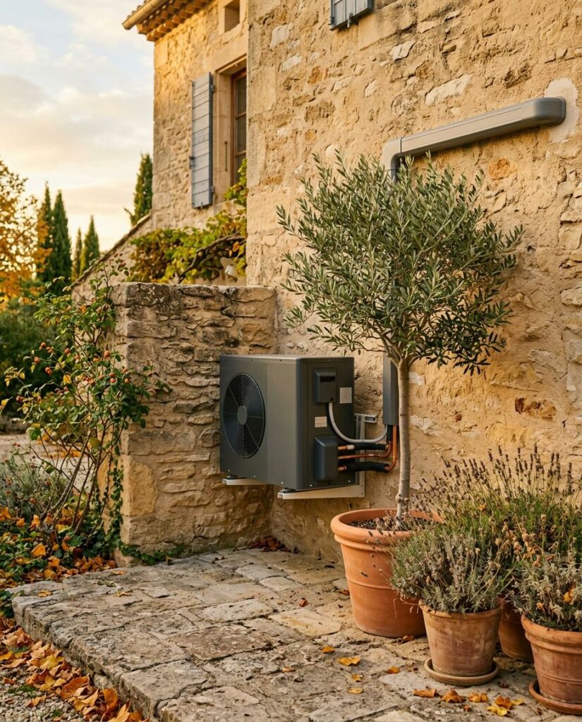pompe à chaleur en hiver devant une maison provençale